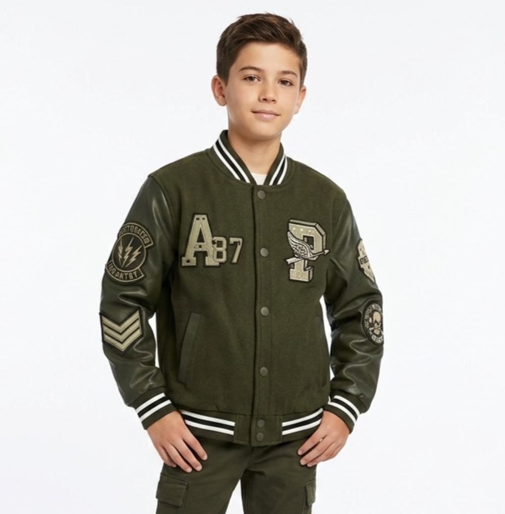 Ring of Fire Boys HANAN Varsity Jacket Patches Olive Green Faux Leather S 8